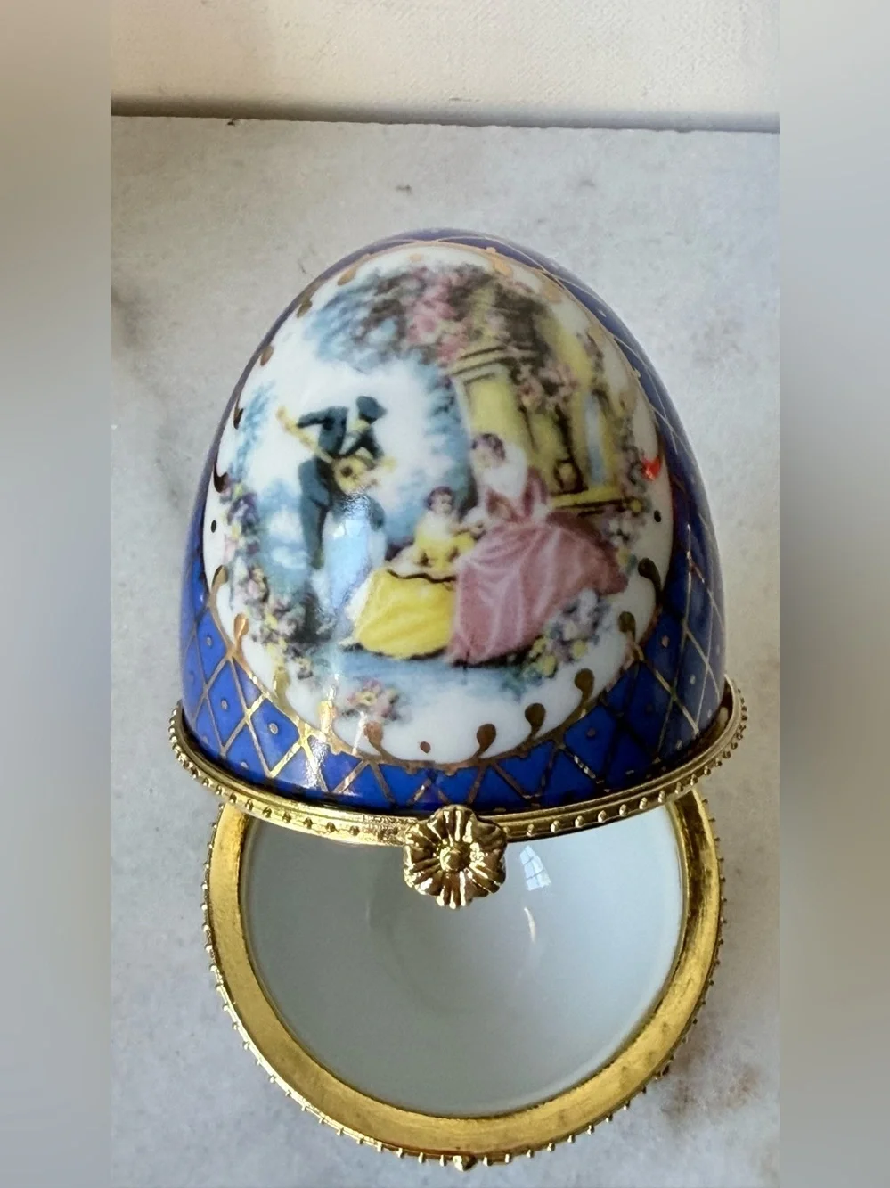 Blue Decorative Porcelain Egg Trinket Box with Gold Accents